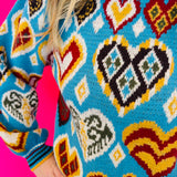 Sky Blue Heart Pattern Balloon Sleeve Sweater