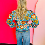 Sky Blue Heart Pattern Balloon Sleeve Sweater