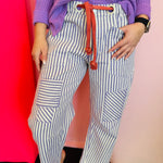 Lilac striped barrell jeans with corded tie.