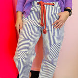 Lilac striped barrell jeans with corded tie.