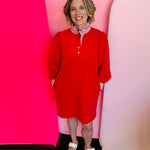 Jodifl Red A-line mini dress with ruffled mock neck, puff sleeves, button placket, matching cuffs, and pockets.