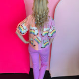 Queen Of Sparkles Colorblock Gingham Rainbow Birthday Cake Button Up Top