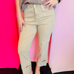 Bayeas beige high-rise straight jeans with front pintuck seam and soft, stretchy fabric.