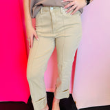 Bayeas beige high-rise straight jeans with front pintuck seam and soft, stretchy fabric.