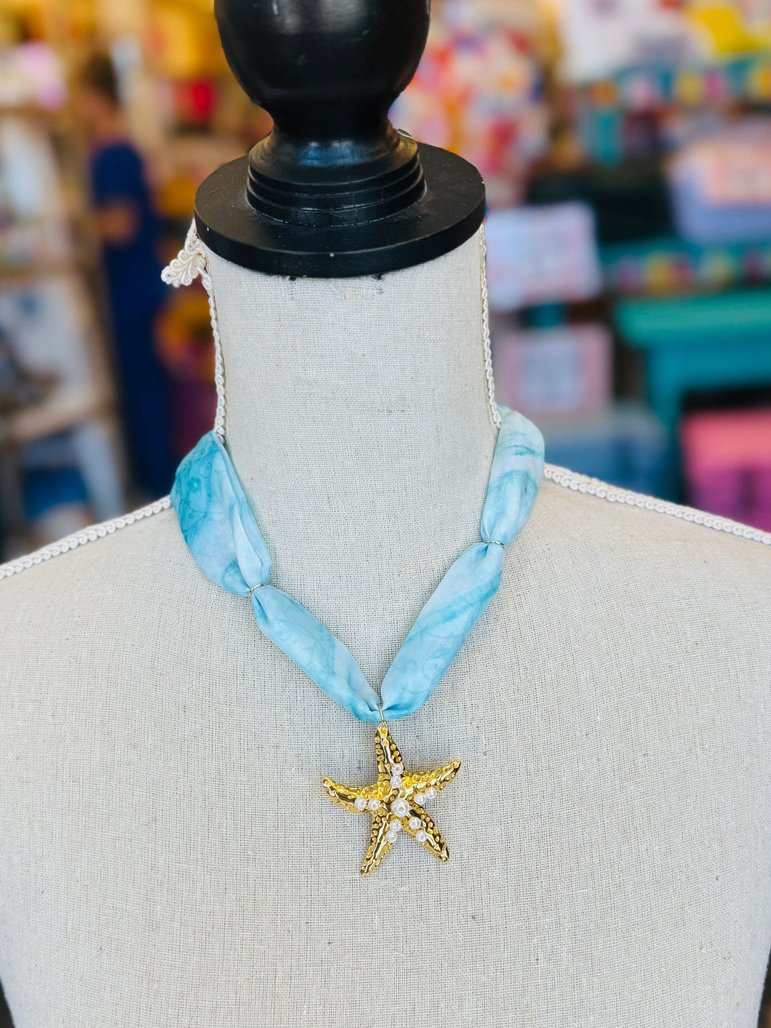 Blue Print Scarf Star Charm Necklace