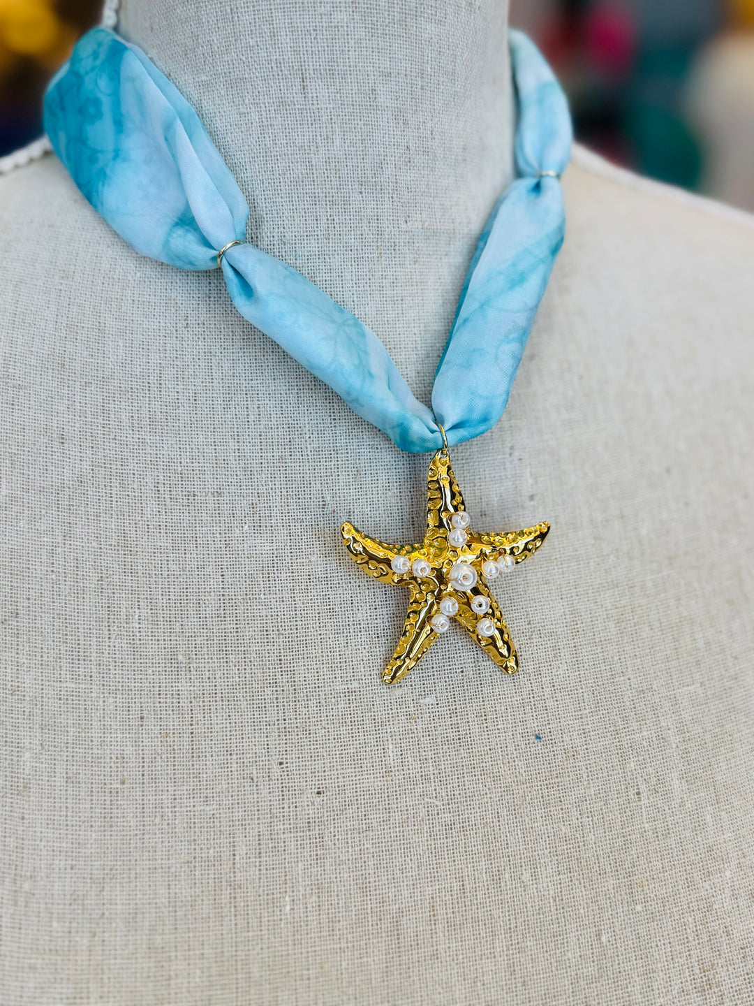 Blue Print Scarf Star Charm Necklace