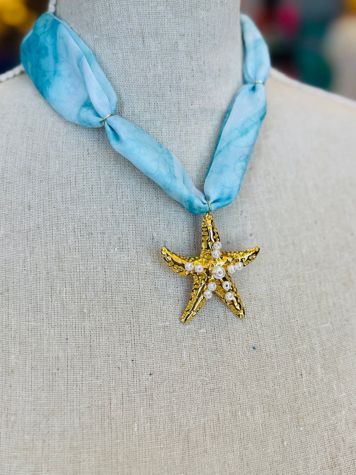 Blue Print Scarf Star Charm Necklace