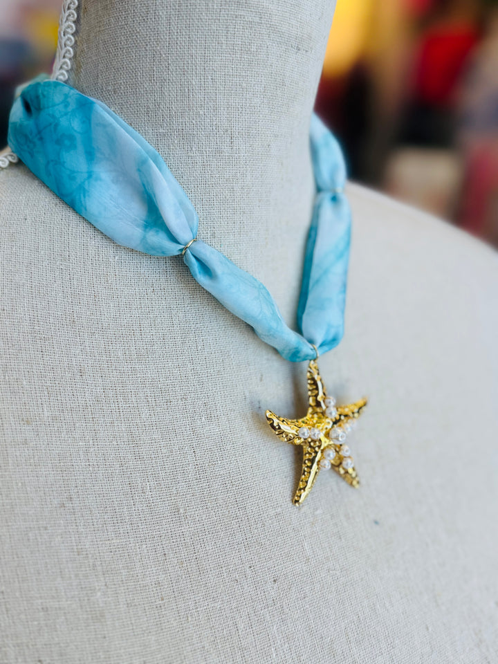 Blue Print Scarf Star Charm Necklace