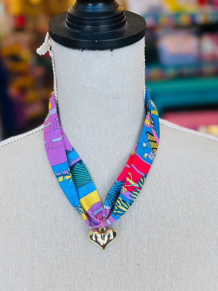Blue Print Scarf Heart Charm Necklace