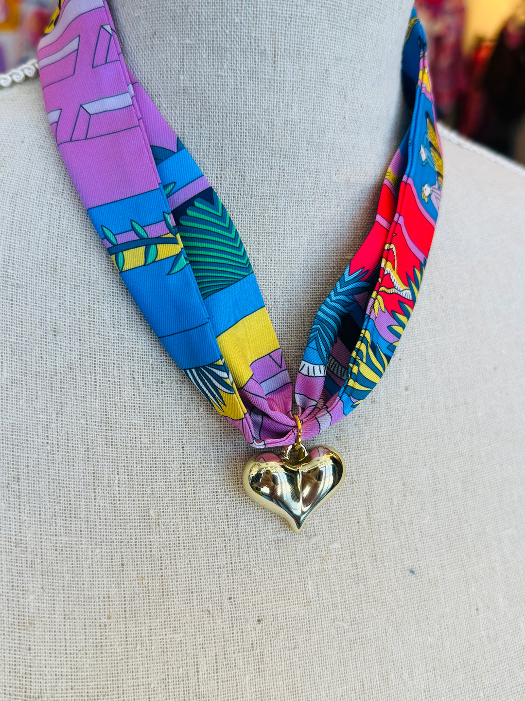 Blue Print Scarf Heart Charm Necklace