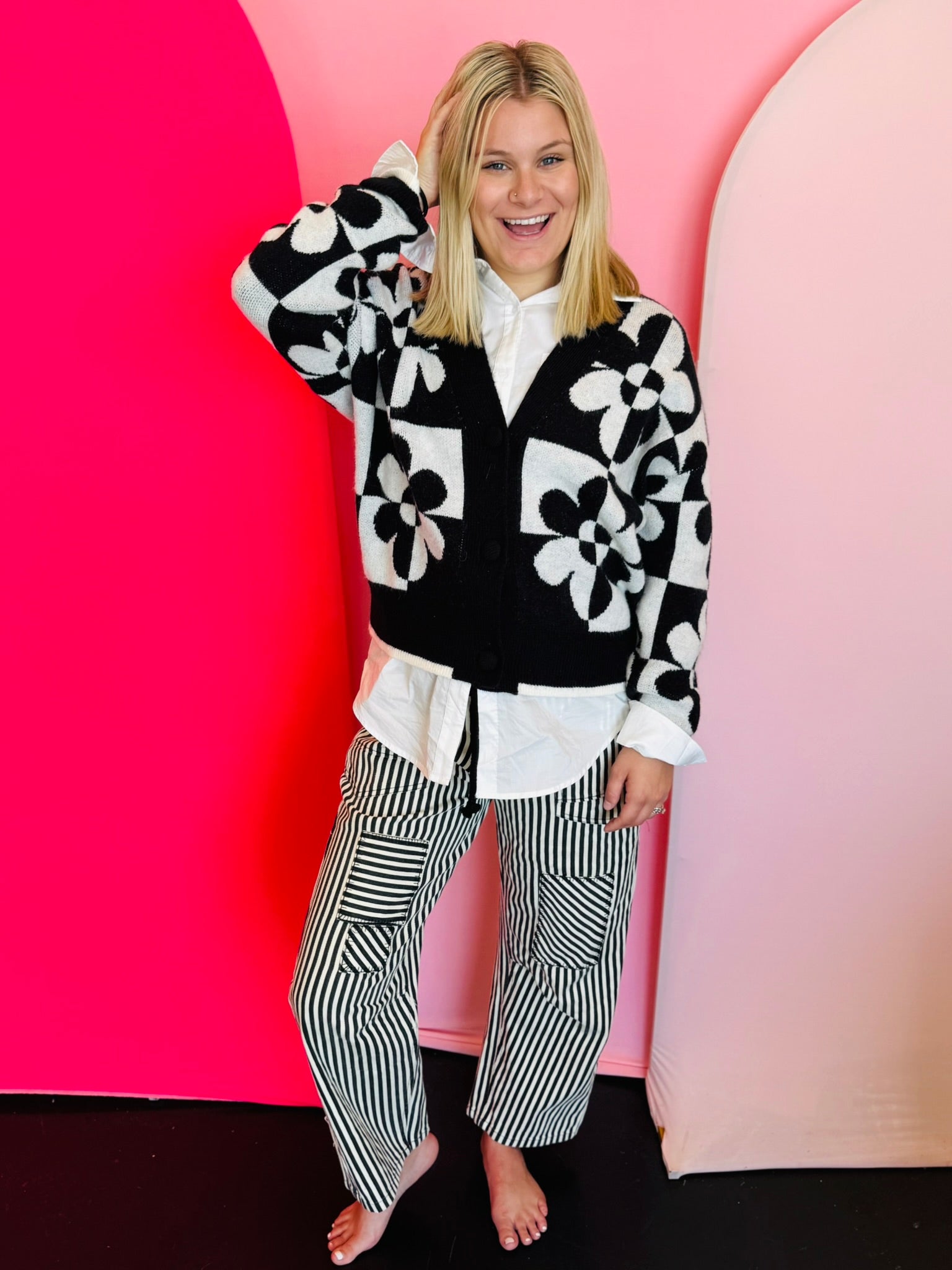 Black and white flower print button up cardigan.