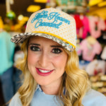 Poppy and Pine Cream polka dot faith hat with blue “Make Heaven Crowded” embroidery and zebra print bill.