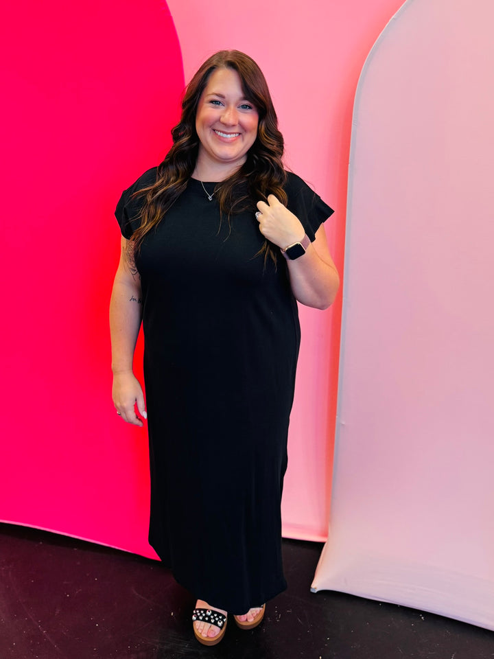 Black Short Sleeve Midi Dress