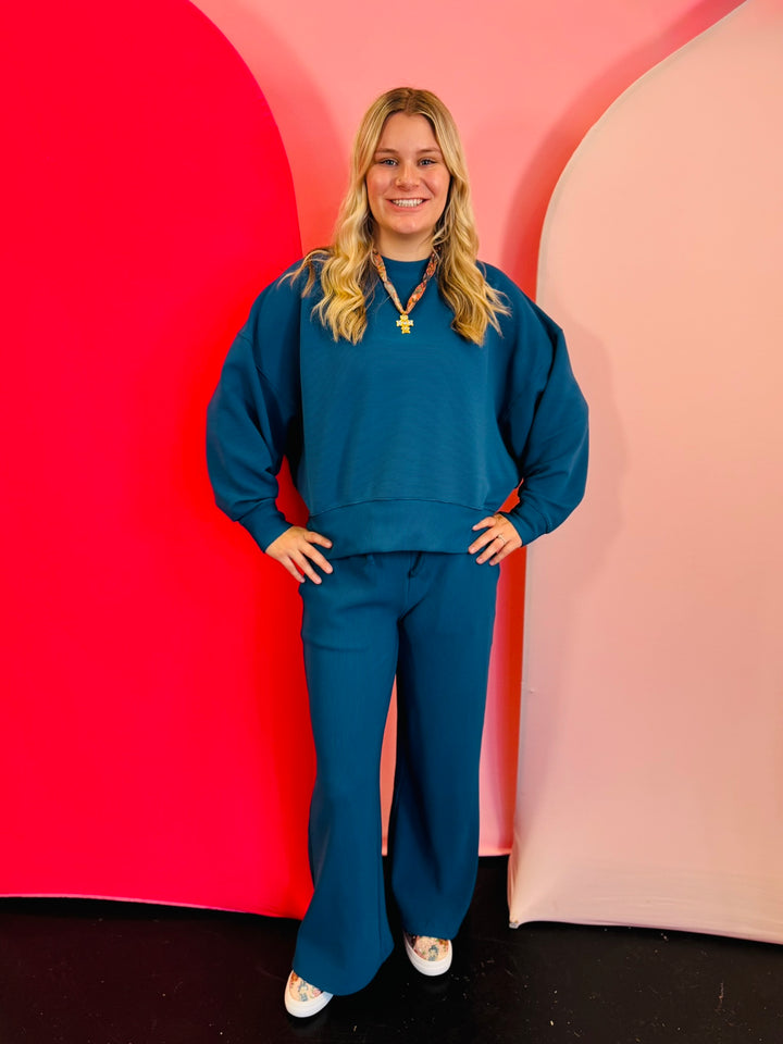 Teal Ribbed Pullover Pants Set