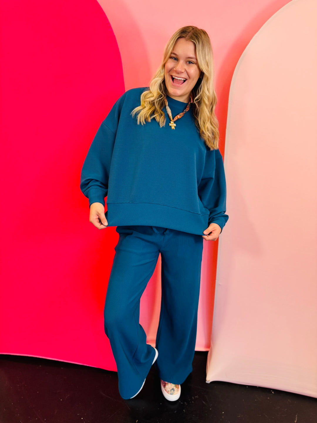 Teal ribbed pullover pant set
