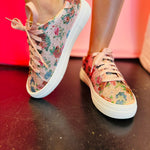 rhinestone floral tie sneakers in blush pink color