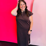Mahogany midi dress with short sleeves, round neckline, and side slit.