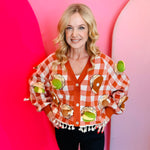 Queen of Sparkles Orange and white checkered Thanksgiving food plate sequin knit cardigan.