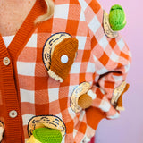 Queen of Sparkles Orange & White Checkered Knit Thanksgiving Food on Plate Cardigan
