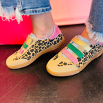 Blowfish Tucson leopard sneakers with pastel metallic green, pink, and yellow velcro straps and pink heel tap