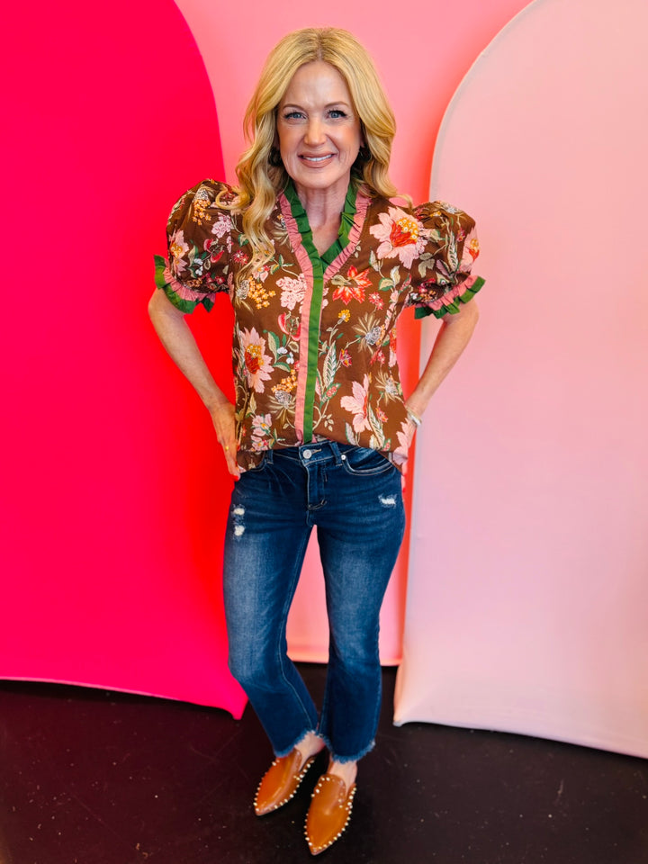 Brown Floral Print Puff Sleeve Top