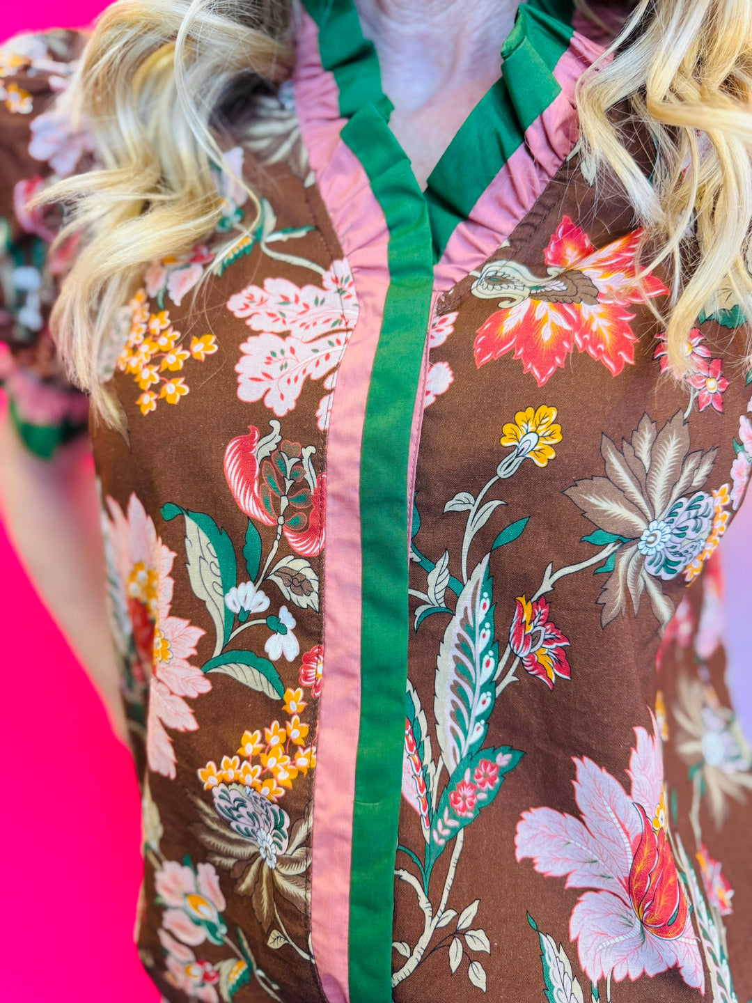 Brown Floral Print Puff Sleeve Top