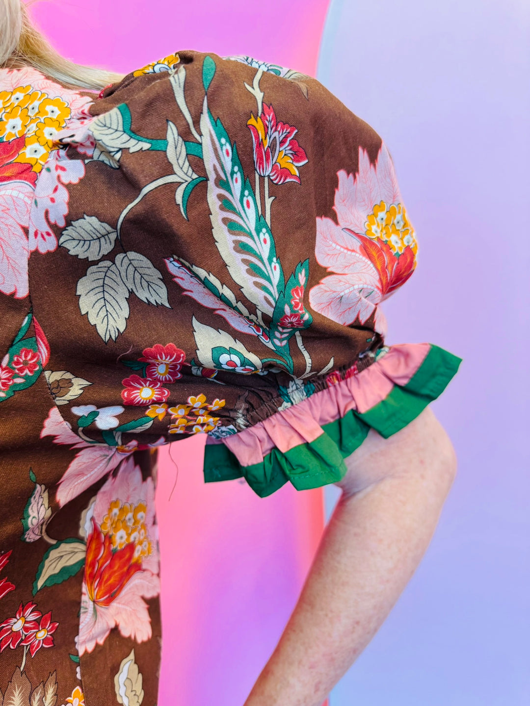 Brown Floral Print Puff Sleeve Top