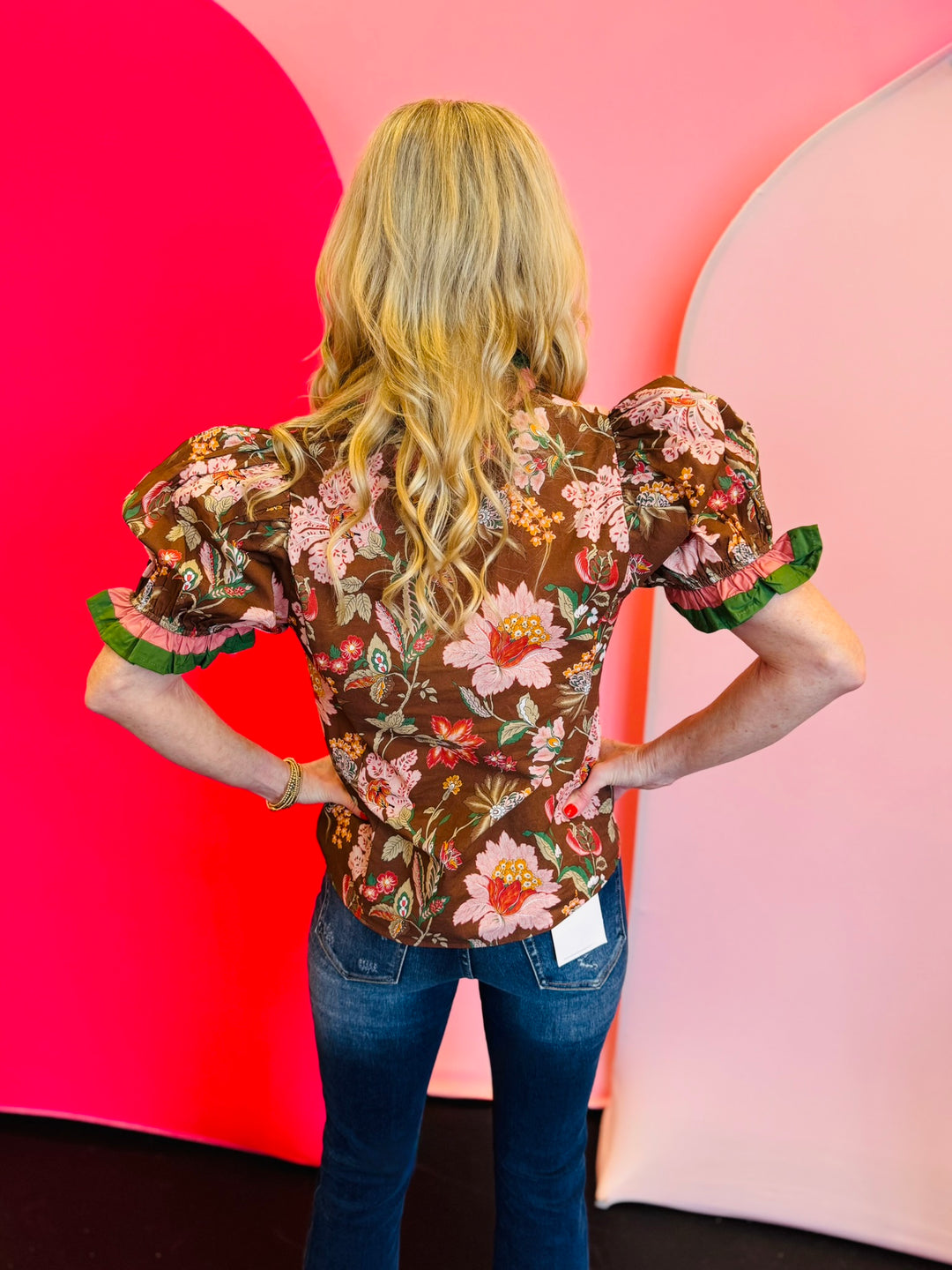 Brown Floral Print Puff Sleeve Top