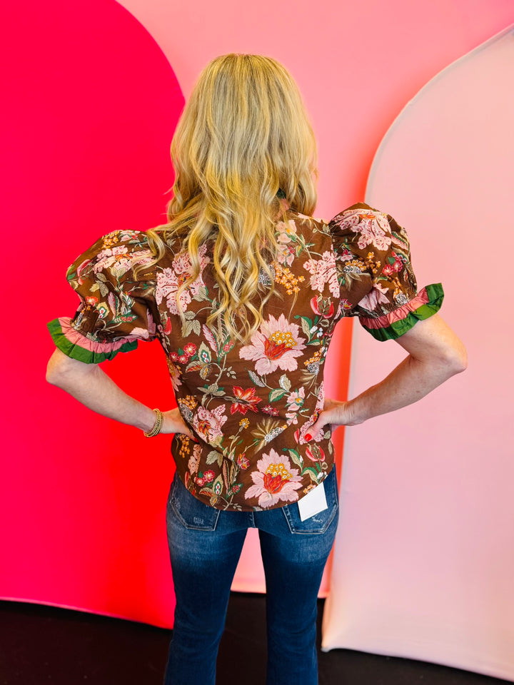 Brown Floral Print Puff Sleeve Top
