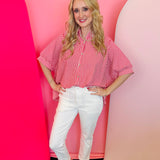 Red striped oversized button down shirt with wide short sleeves and relaxed, flowy fit.