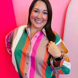 Multicolor striped button-down top with pink, orange, green, and cream stripes.