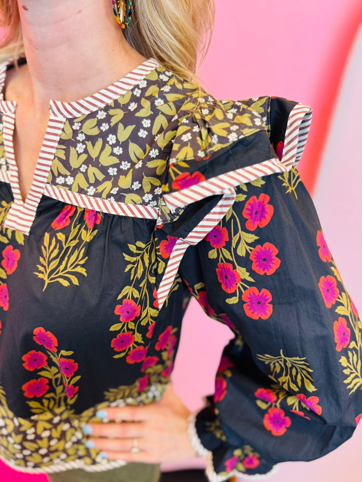 Black Multi-Print Ruffle Puff Sleeve Top