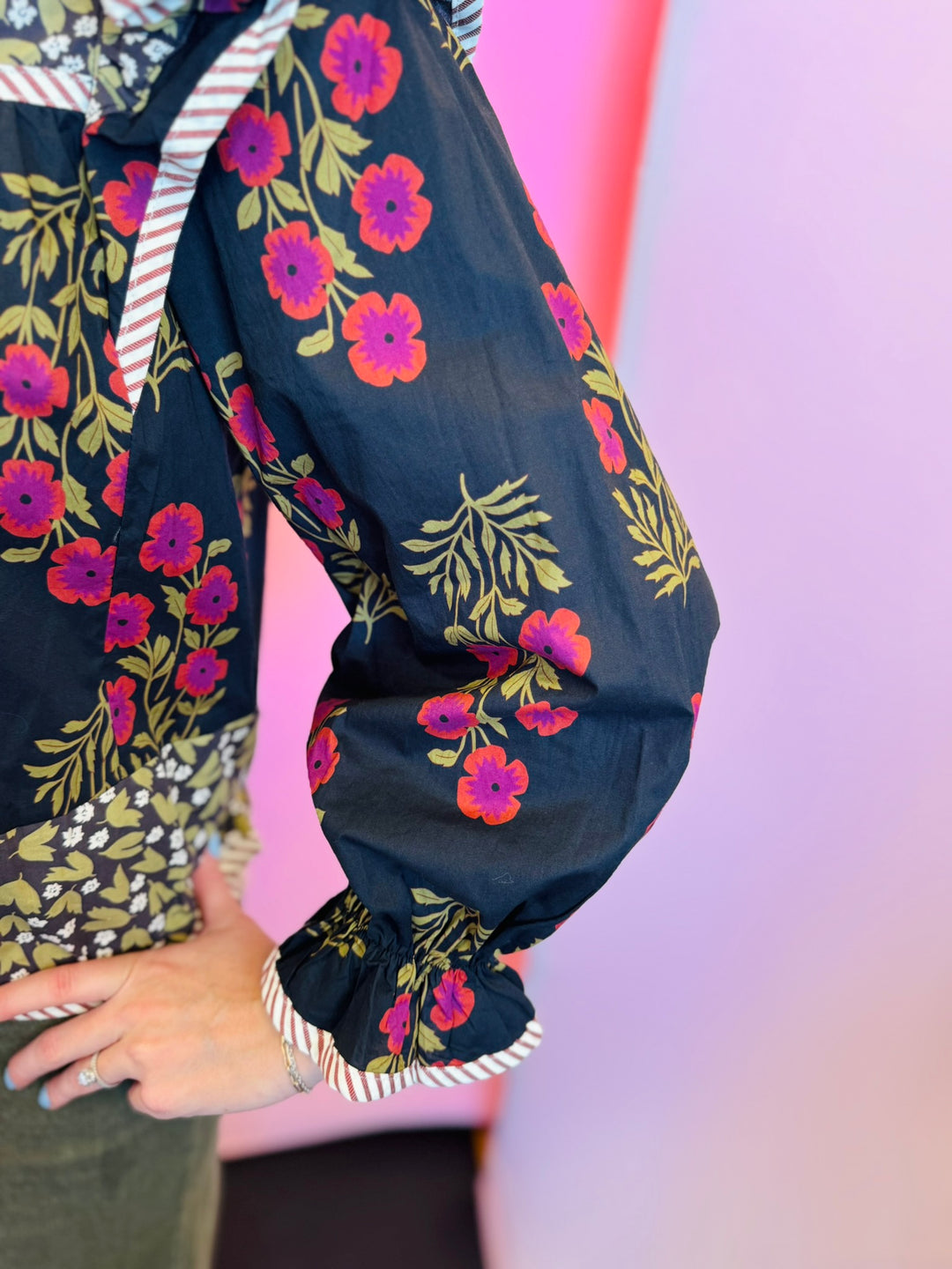 Black Multi-Print Ruffle Puff Sleeve Top
