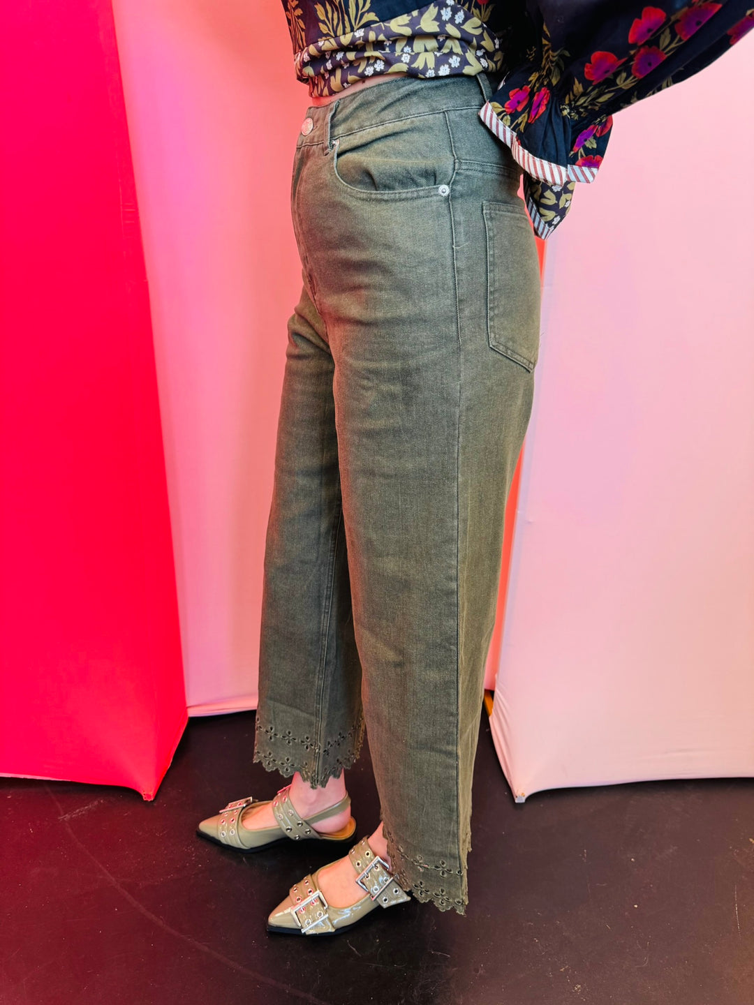 Olive Scalloped Hem Jeans