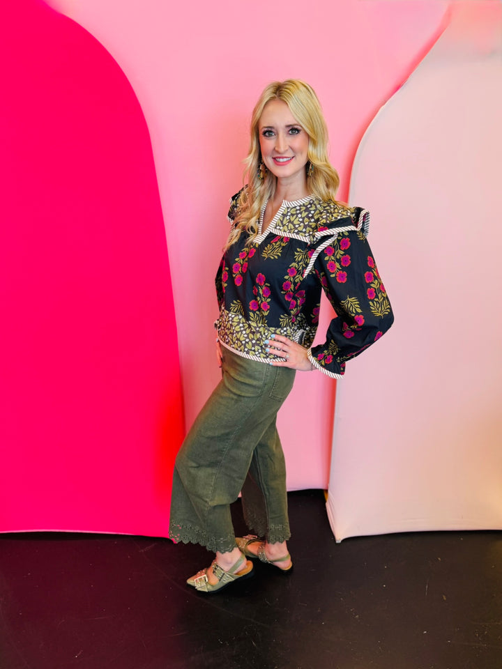 Black Multi-Print Ruffle Puff Sleeve Top