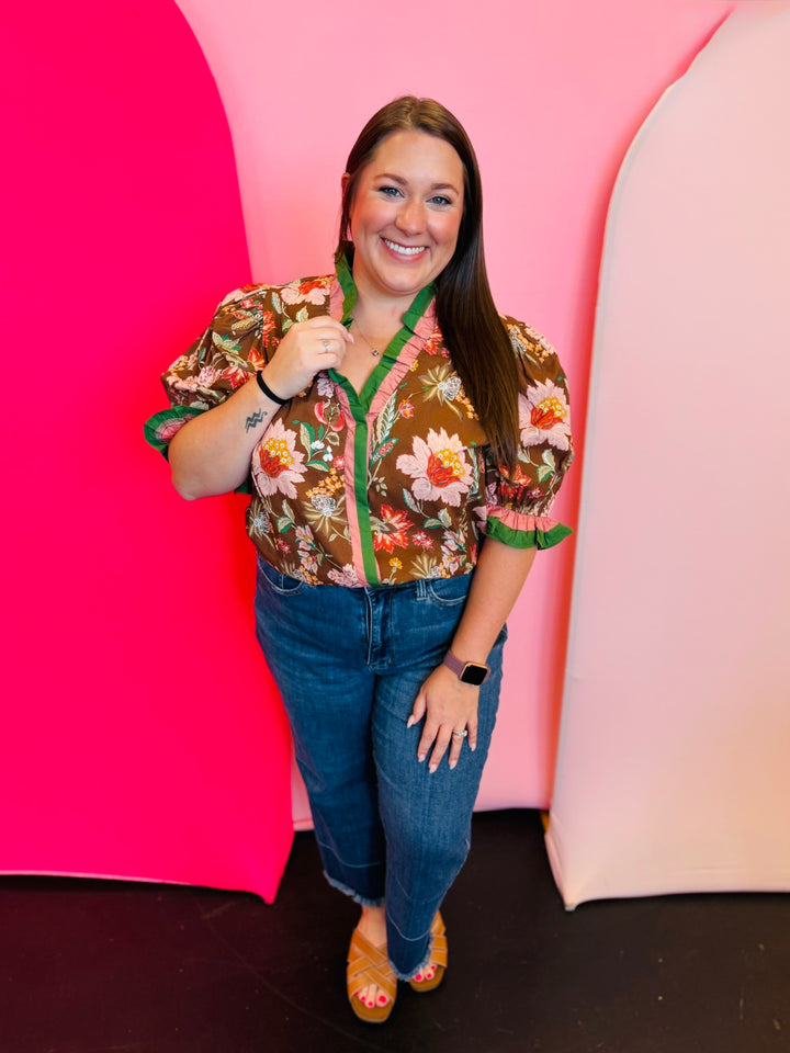 Brown Floral Print Puff Sleeve Top