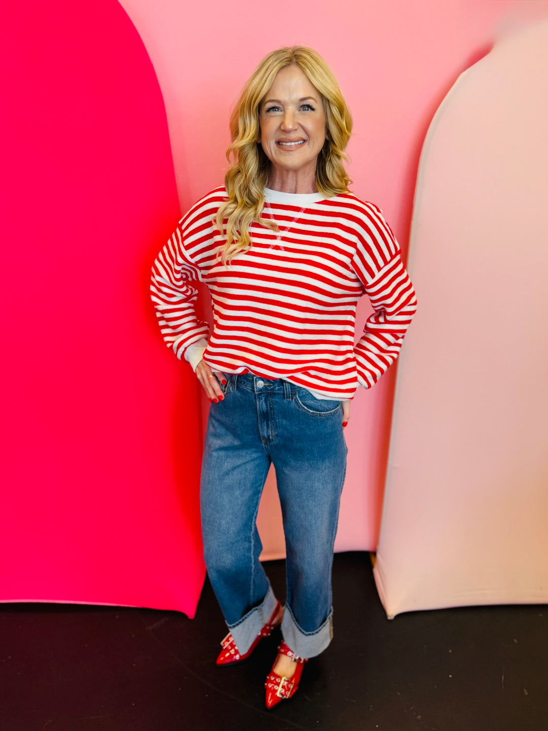 Ruby Red Striped Pullover with cream stripes, soft cotton blend, and stretchy 2x2 rib trim