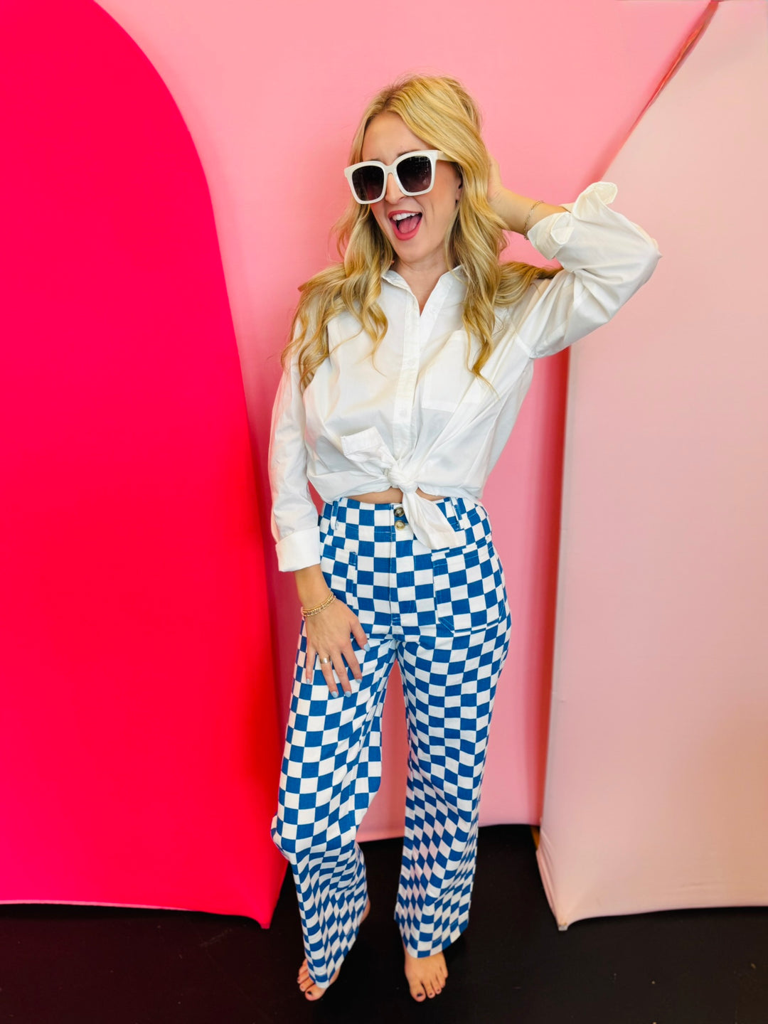 Blue Demi Checkered Jeans, high-waist with a wide-leg gingham print.