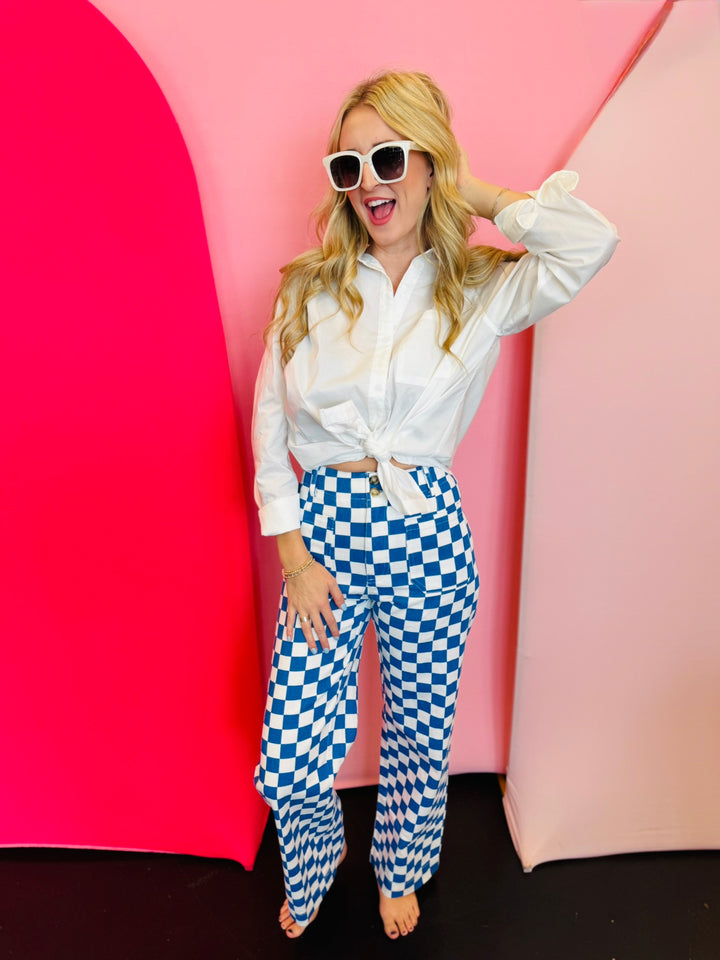 Blue Demi Checkered Jeans, high-waist with a wide-leg gingham print.