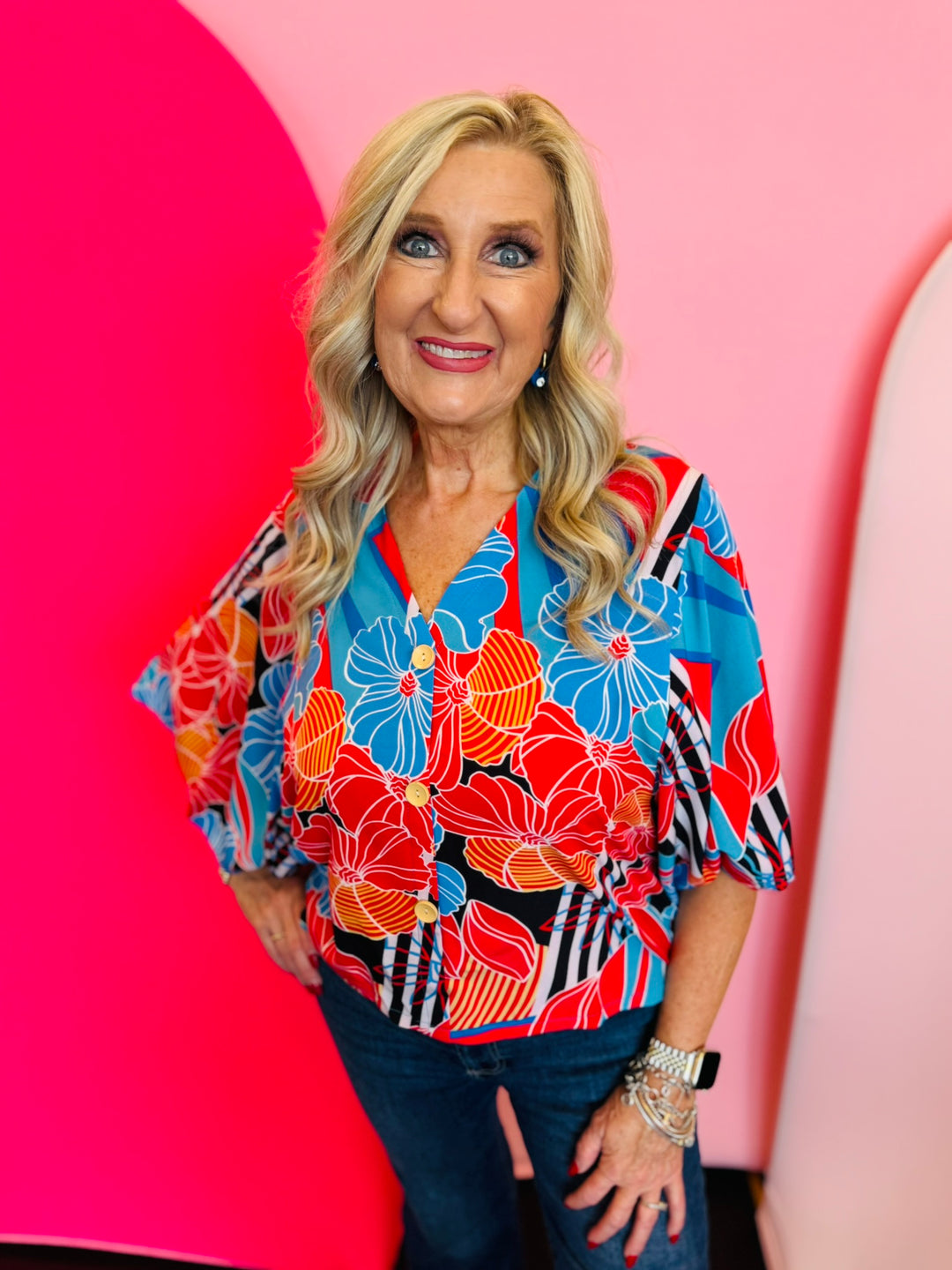 Blue floral and black stripe kimono top
