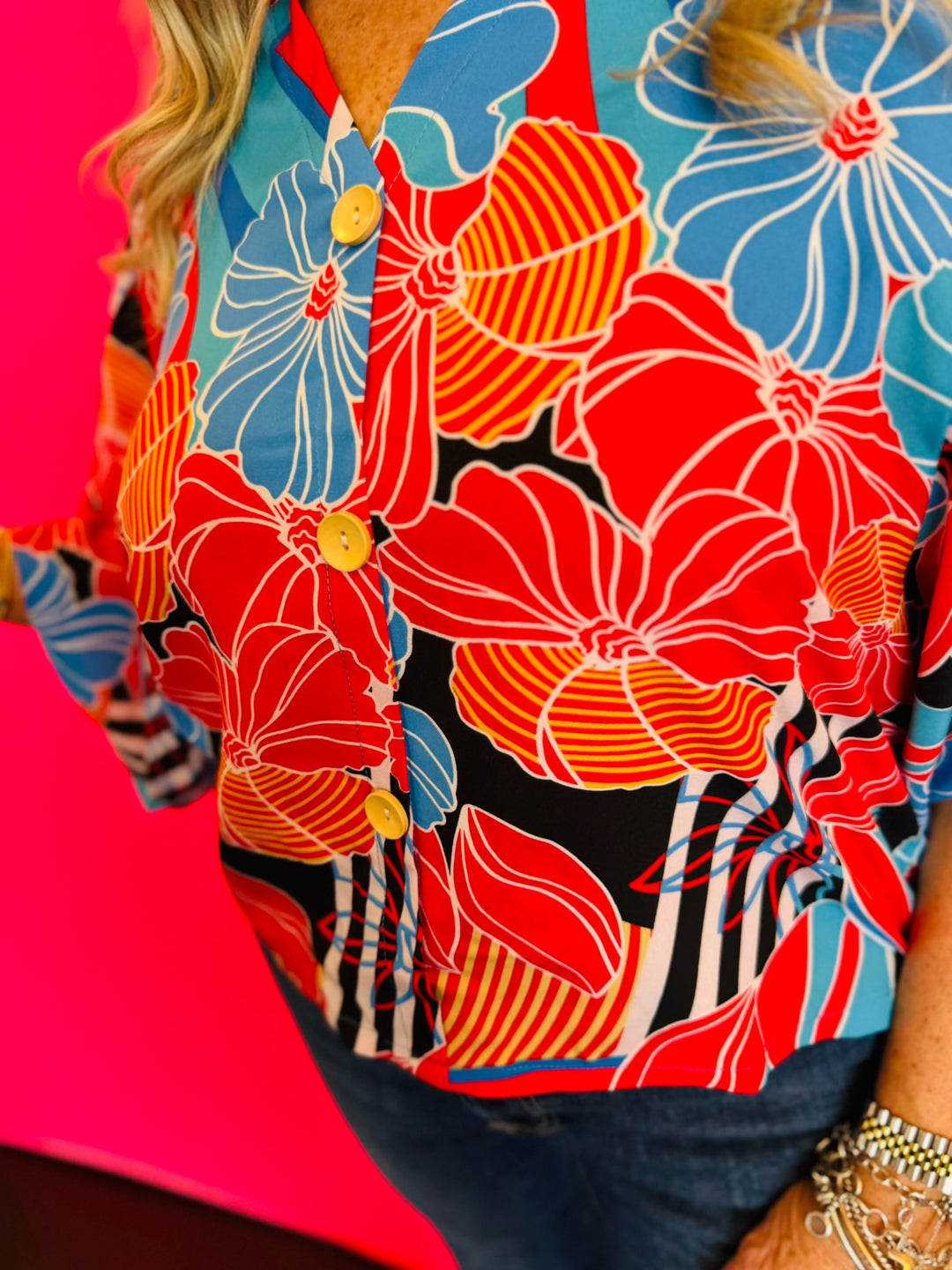 Blue Floral Black Stripe Kimono Top