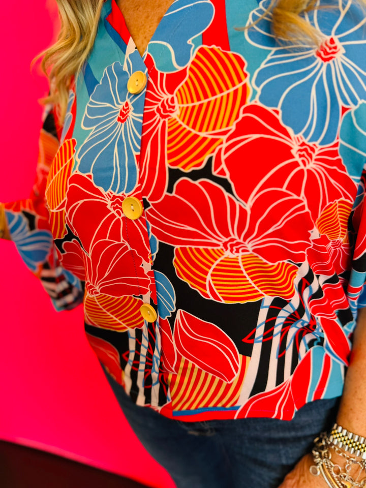 Blue Floral Black Stripe Kimono Top
