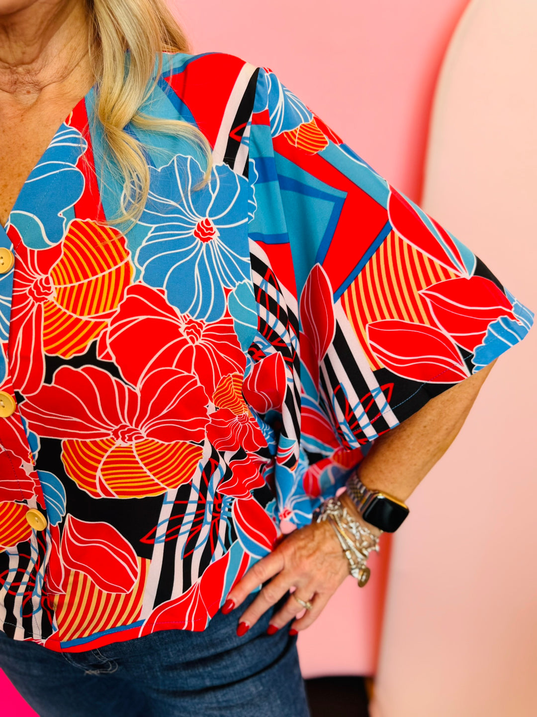 Blue Floral Black Stripe Kimono Top