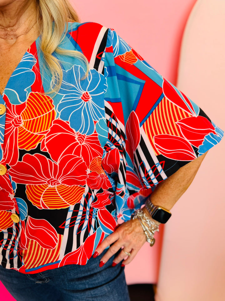 Blue Floral Black Stripe Kimono Top
