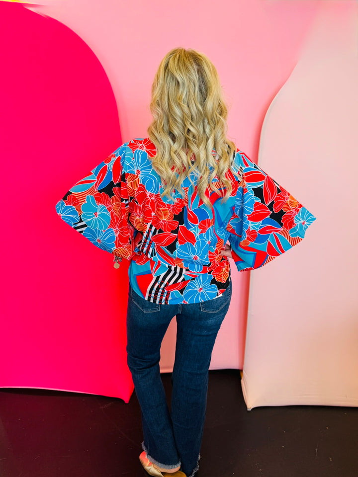 Blue Floral Black Stripe Kimono Top