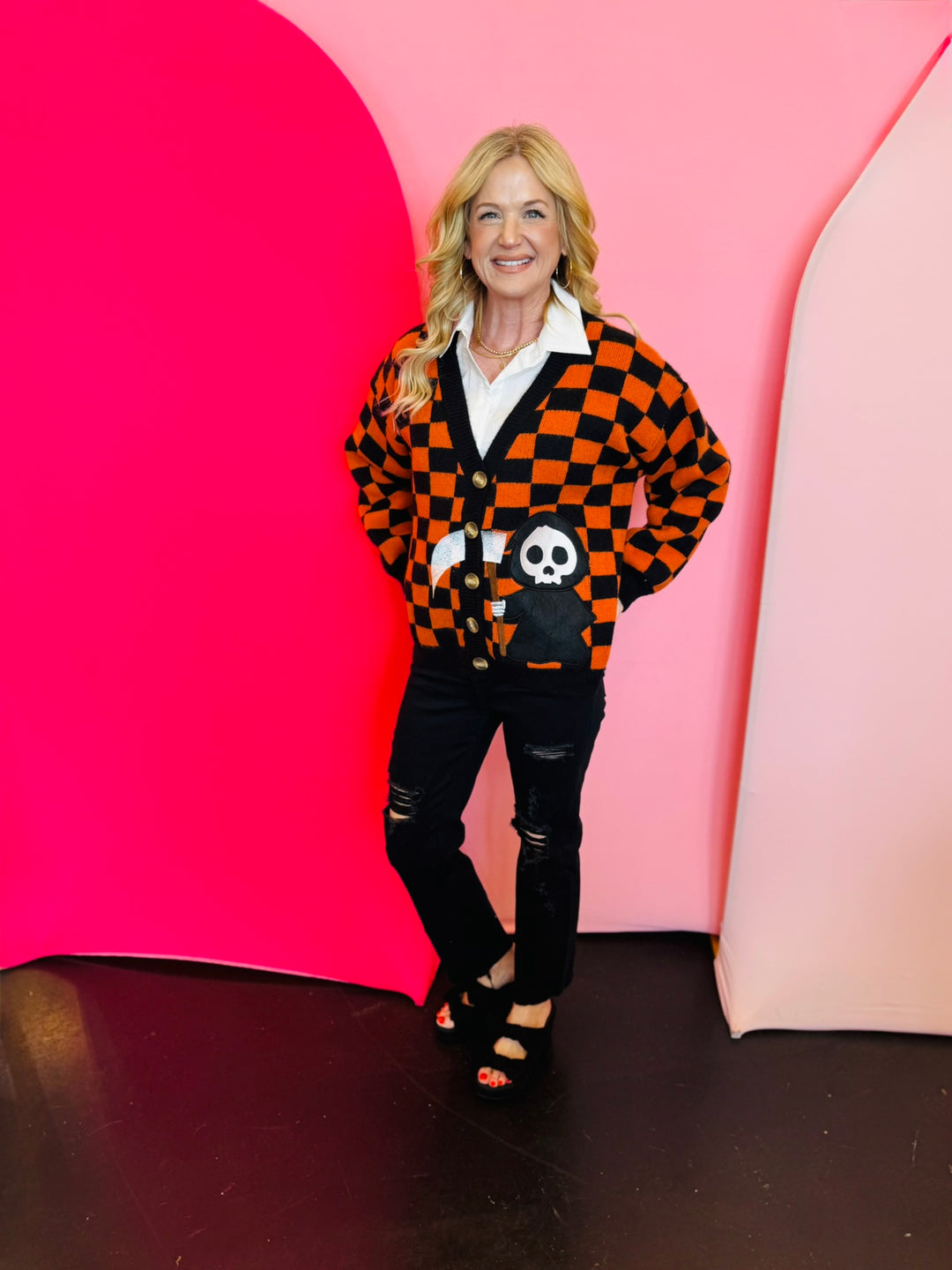 Orange & Black Checkered Reaper Patch Cardigan
