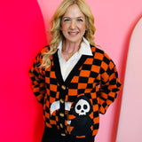 Orange & Black Checkered Reaper Patch Cardigan with soft knit and bold, super fun Halloween design.