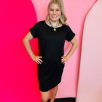 Black Rolled Sleeve Dress with round neck and soft, stretchy fit for versatile everyday wear.