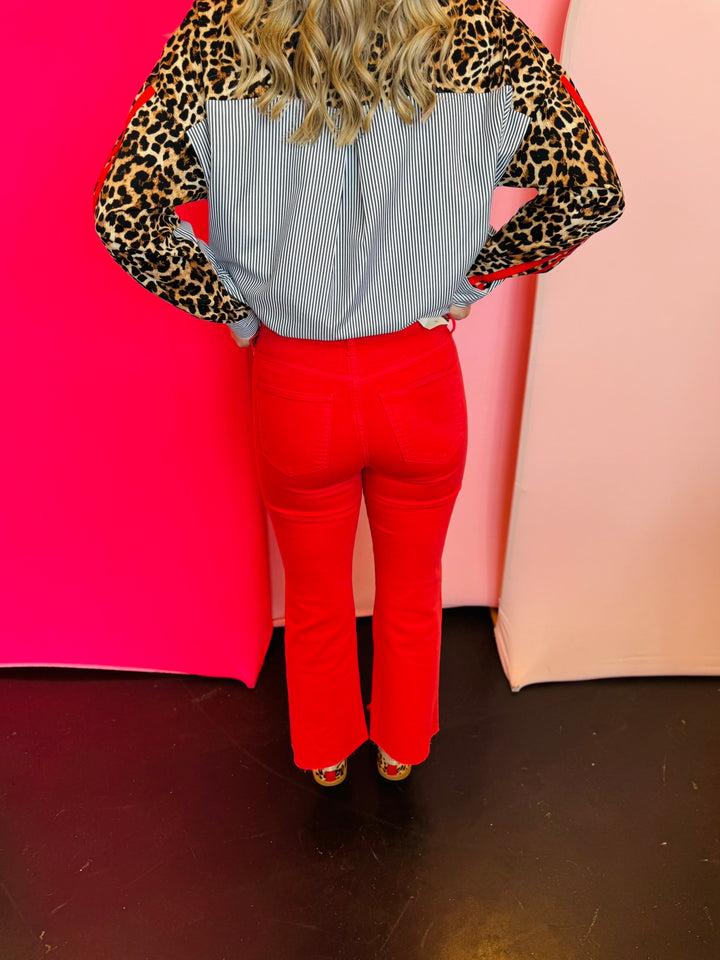 Red Kick Flare Crop Jeans
