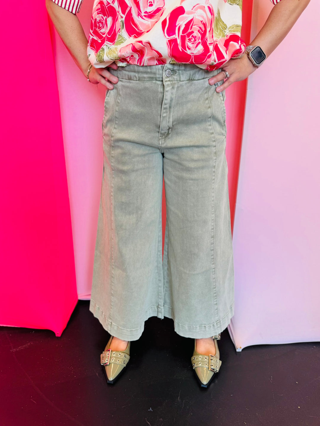 Lt Olive Cropped Gaucho Denim Jeans
